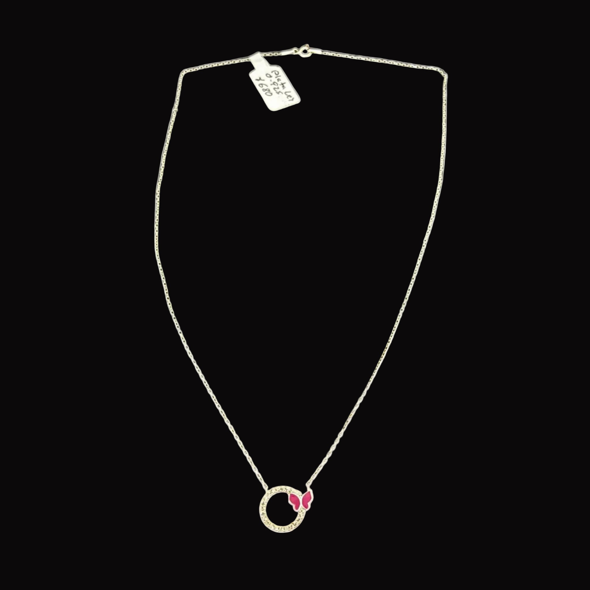 Collar "Eternal Butterfly" en Plata Ley .925 con Círculo de Cristales y Detalle en Magenta